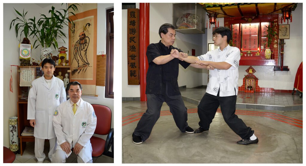 Mestre Yip Fu Kwan e Prof Andre Leung no consultório de Medicina Chinesa e na Academia Yau-Man.