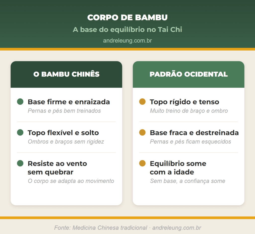 Infográfico comparando o bambu chinês, com base firme e topo flexível, ao padrão ocidental de treino, com topo rígido e base fraca: a lógica por trás da caminhada Tai Chi do Mestre André Leung