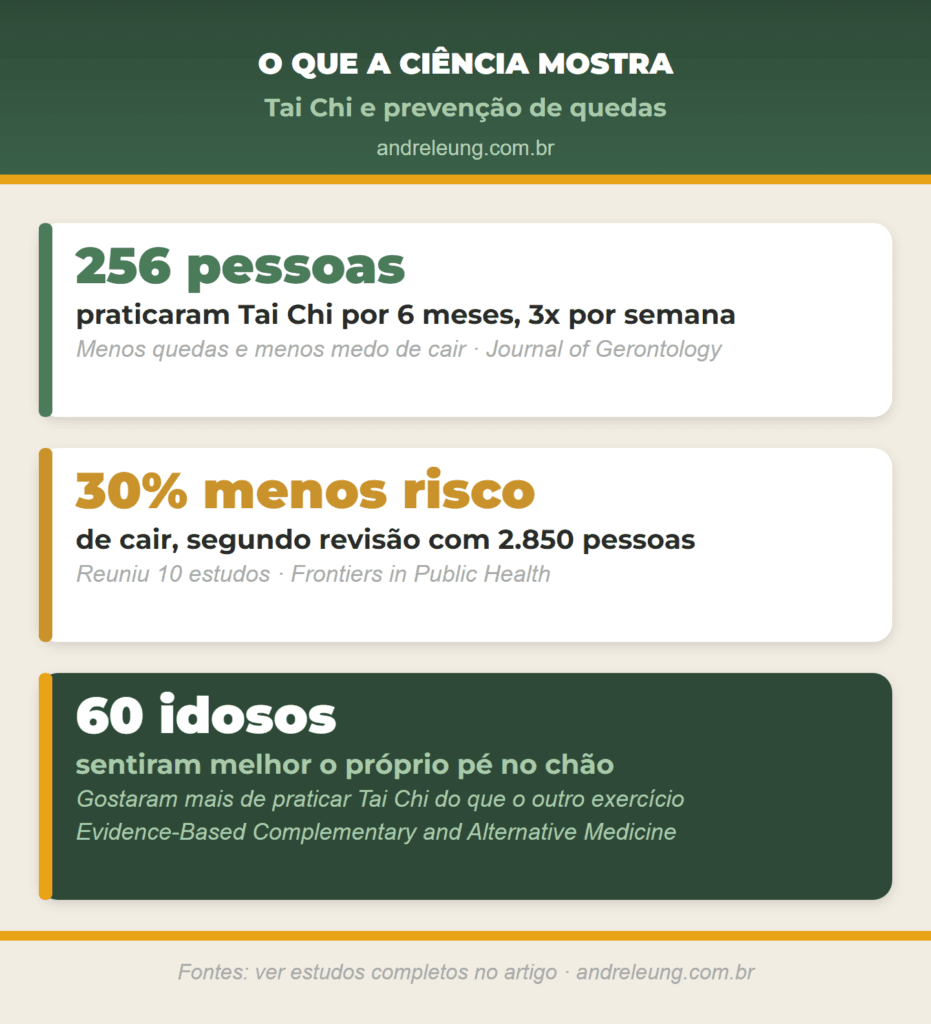 Caminhada Tai Chi reduz cerca de 30% o risco de quedas em idosos: três estudos científicos mostram menos medo de cair e melhor equilíbrio, reunidos pelo Mestre André Leung