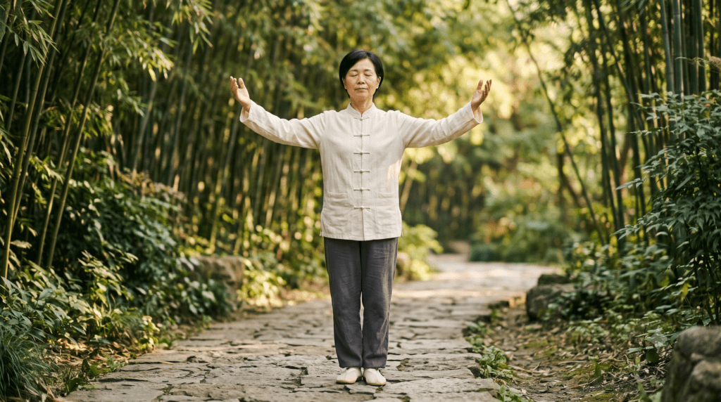 Como acalmar a mente: mulher praticando exercício de Tai Chi Chuan ao ar livre para aliviar a ansiedade