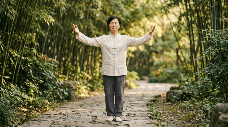 Como acalmar a mente: mulher praticando exercício de Tai Chi Chuan ao ar livre para aliviar a ansiedade