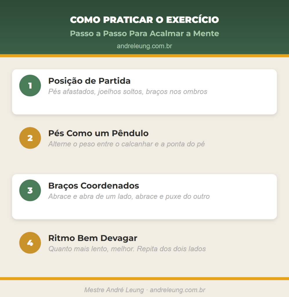 Como acalmar a mente com o exercício de Tai Chi Chuan: checklist de 4 passos, posição, pés como um pêndulo e braços coordenados, do Mestre André Leung