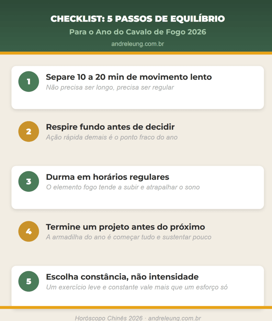 Checklist com 5 passos para equilibrar ação e descanso no Ano do Cavalo de Fogo 2026: movimento lento diário, respirar antes de decidir, sono regular, terminar projetos e constância, por André Leung