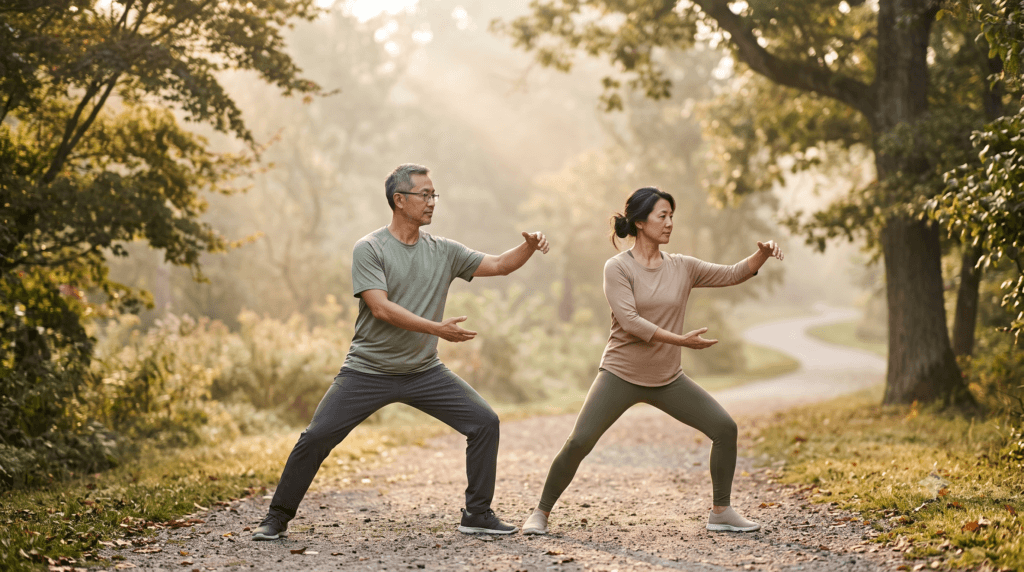 Homem e mulher praticando Tai Chi Chuan lado a lado ao ar livre, arte marcial de baixo impacto para qualquer gênero