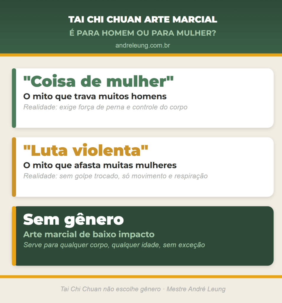 Tai Chi Chuan Arte Marcial Sem Gênero - Resumo Visual Infográfico comparando o mito de que Tai Chi Chuan é "coisa de mulher" ou "luta violenta demais" com a realidade: arte marcial suave, de baixo impacto, para qualquer gênero