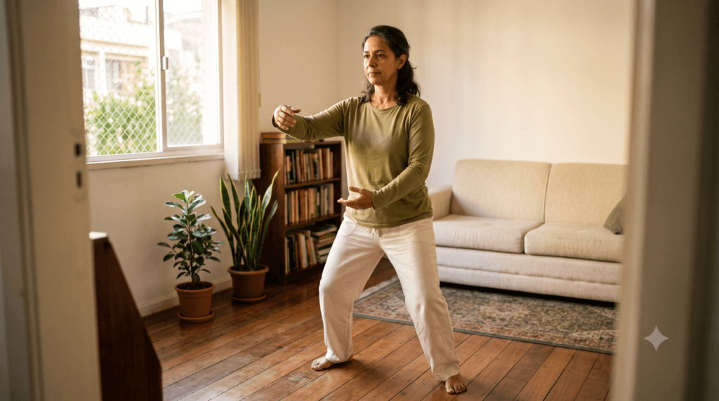 Tai Chi Chuan em casa: pessoa de meia-idade praticando um exercício de equilíbrio na sala, sem precisar de espaço grande