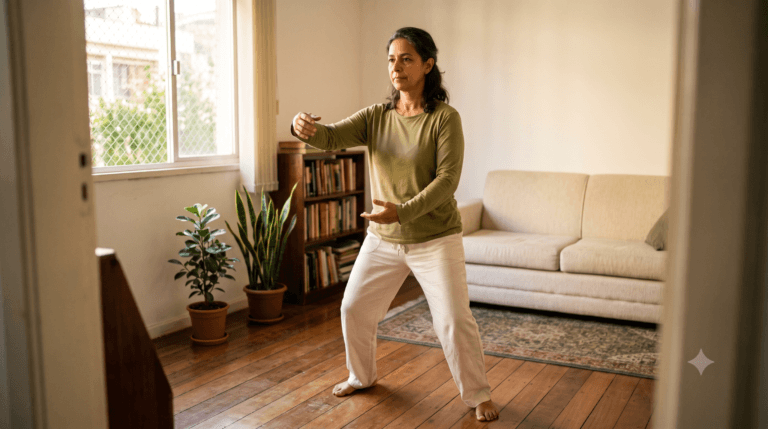 Tai Chi Chuan em casa: pessoa de meia-idade praticando um exercício de equilíbrio na sala, sem precisar de espaço grande