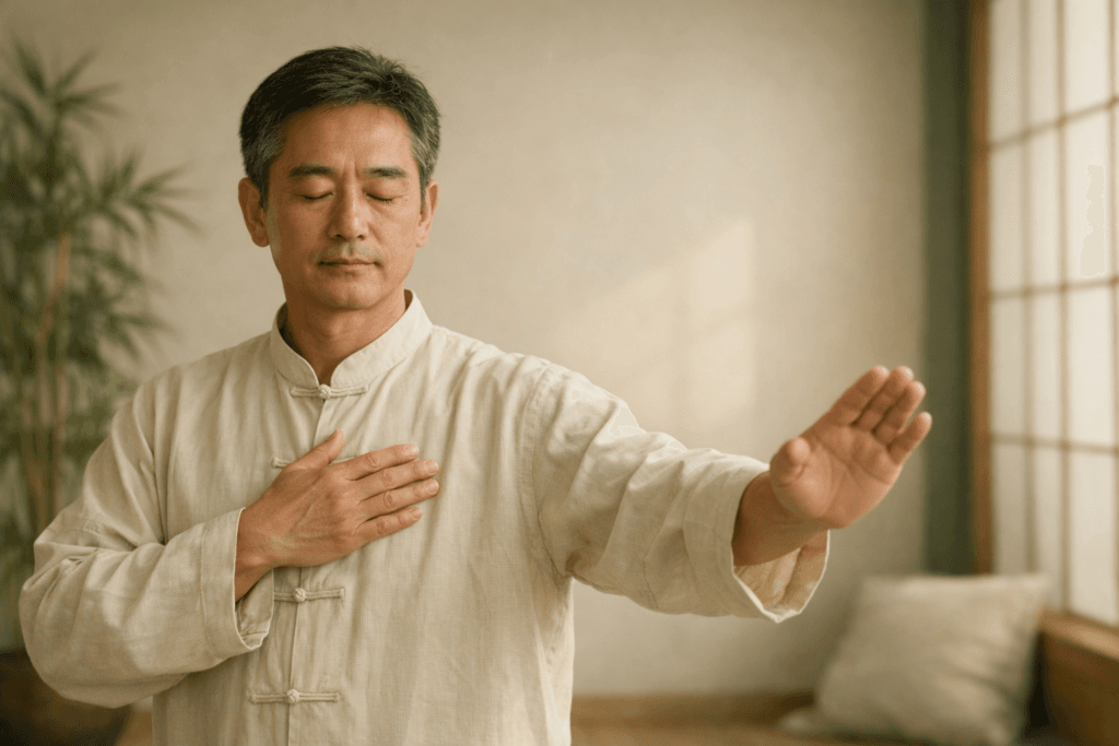 Tai Chi Chuan para foco e concentração: pessoa praticando movimento calmo ao ar livre para acalmar a mente segundo a Medicina Chinesa
