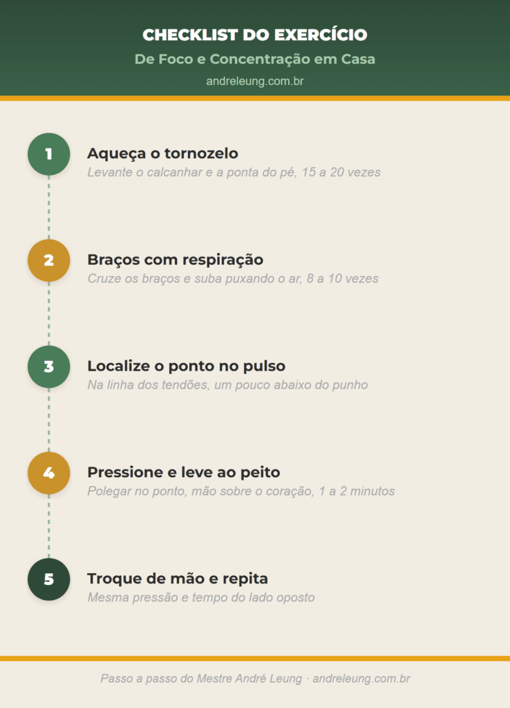 Checklist em 5 passos do exercício de Tai Chi Chuan para foco e concentração: aquecimento do tornozelo, respiração e o ponto de pressão no pulso, por André Leung