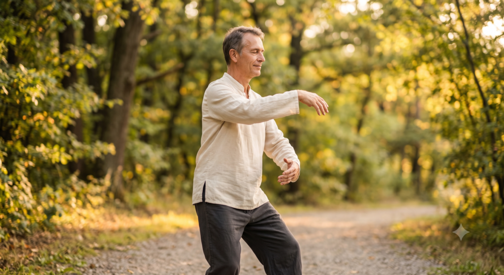Homem praticando Tai Chi Chuan com movimento lento e suave ao ar livre, ilustrando a ciência por trás da lentidão da prática