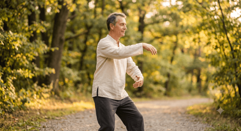Homem praticando Tai Chi Chuan com movimento lento e suave ao ar livre, ilustrando a ciência por trás da lentidão da prática