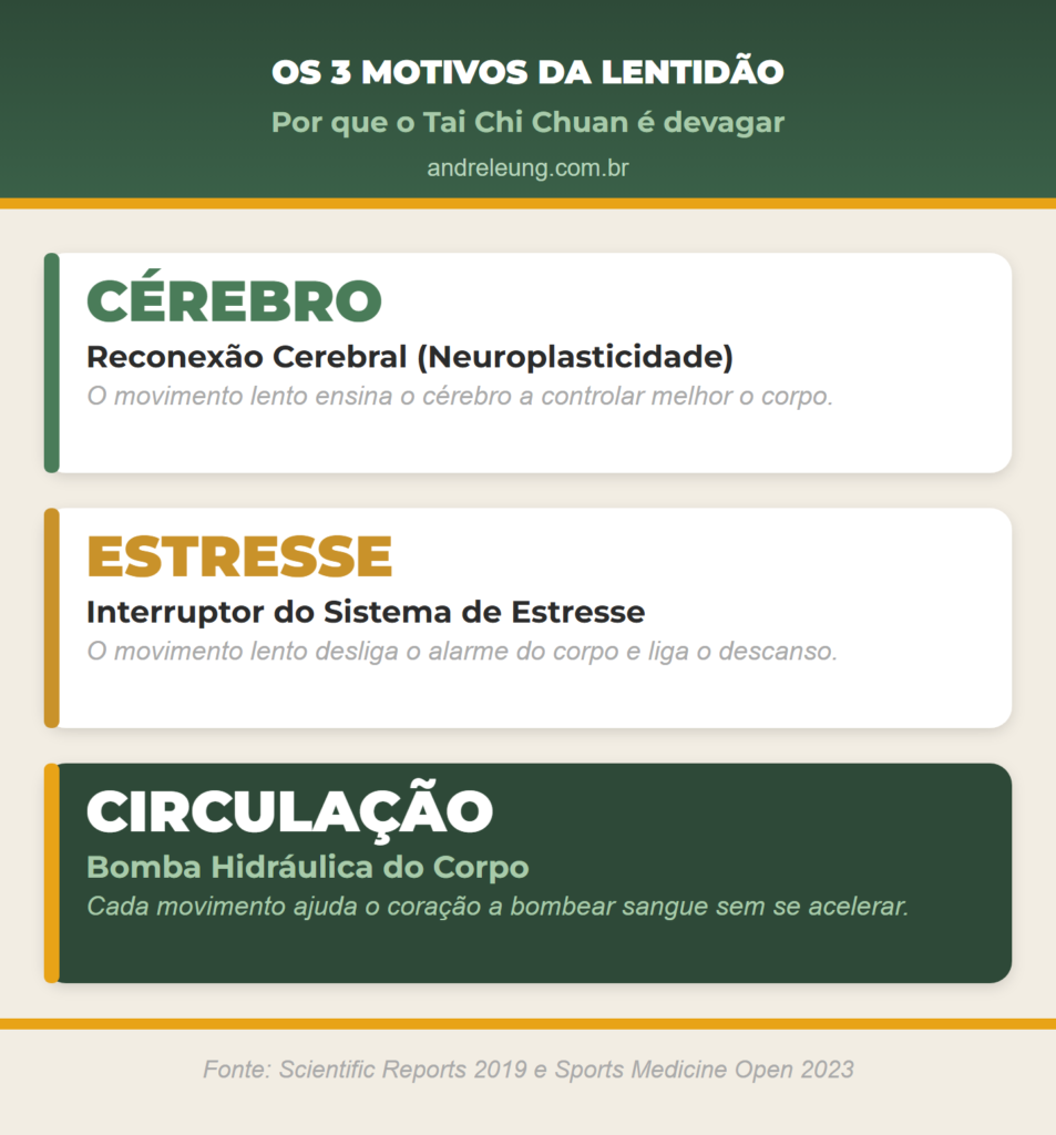 Infográfico mostrando os 3 motivos científicos da lentidão do Tai Chi Chuan: reconexão cerebral pela neuroplasticidade, interruptor do sistema de estresse e bomba hidráulica para a circulação do corpo