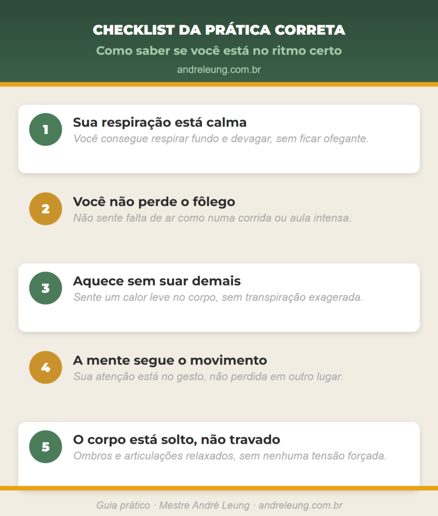 Checklist com 5 sinais para saber se você está praticando os movimentos lentos do Tai Chi Chuan corretamente: respiração calma, fôlego preservado, aquecimento leve, mente presente e corpo relaxado
