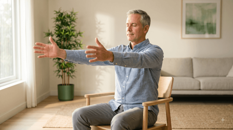 Alongamento de ombro sentado inspirado no Tai Chi Chuan: homem de meia-idade em cadeira, braços esticados à frente, praticando o exercício de respiração