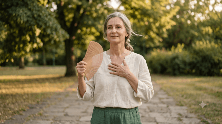 Calor da menopausa: mulher de meia-idade se abanando ao ar livre, com expressão serena, buscando equilíbrio durante um calorão da menopausa