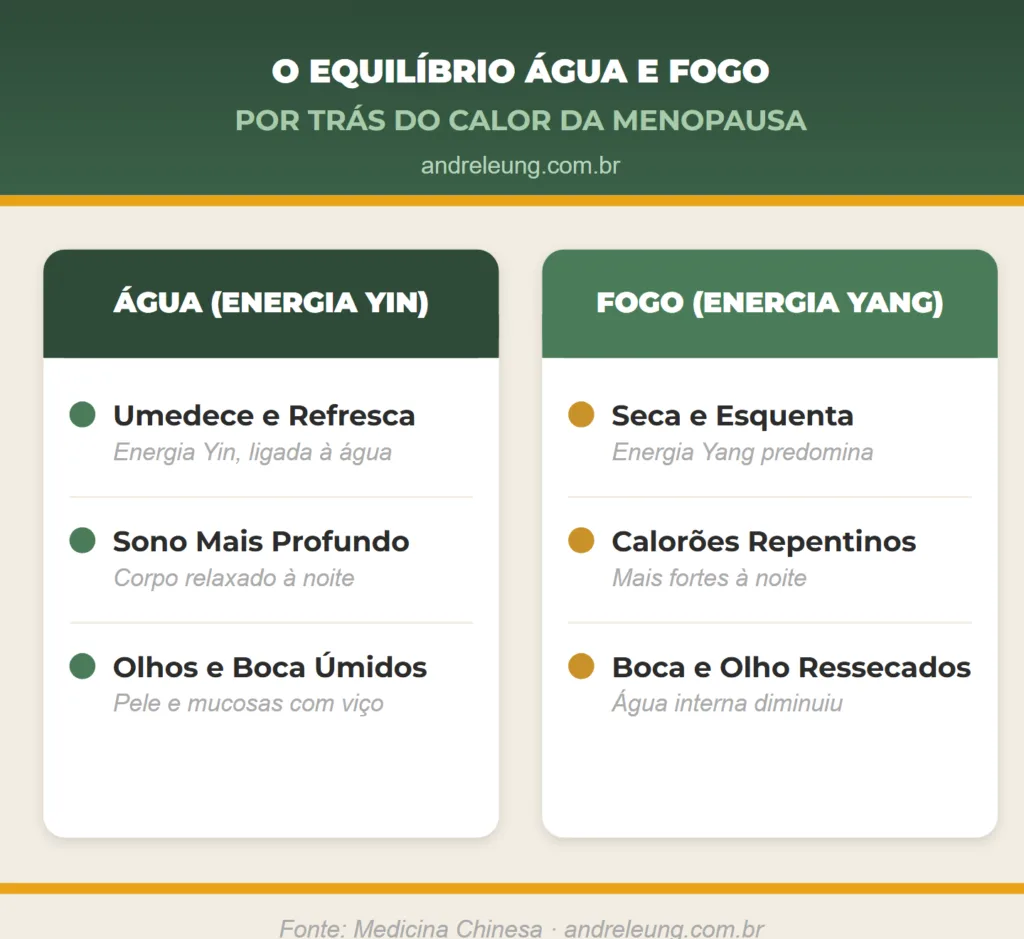 Calor da menopausa: comparação entre a energia Yin (água, que umedece e refresca, traz sono profundo e olhos hidratados) e a energia Yang (fogo, que seca e esquenta, causa calorões repentinos e boca e olho ressecados), segundo a Medicina Chinesa