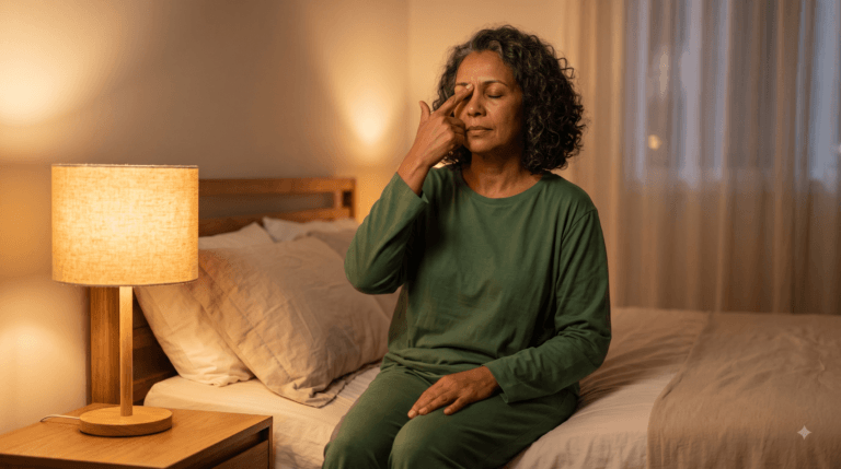 Como acalmar o sistema nervoso: pessoa de meia-idade fazendo acupressão no ponto entre as sobrancelhas antes de dormir