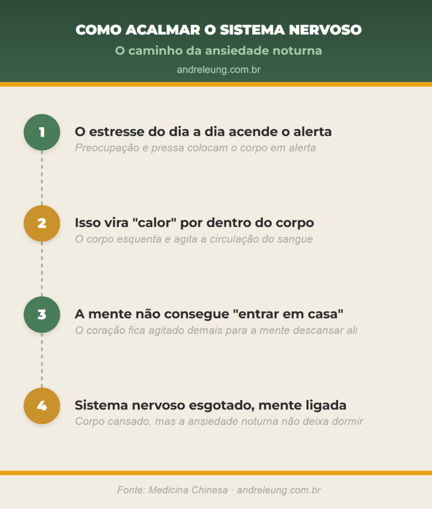 Como acalmar o sistema nervoso: infográfico da Medicina Chinesa em 4 passos mostrando como o estresse vira calor interno, agita o sangue e leva ao esgotamento do sistema nervoso e à ansiedade noturna, por André Leung