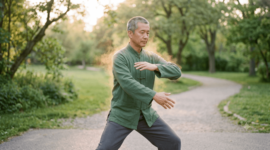 Inflamação crônica: homem praticando Tai Chi Chuan ao ar livre para reduzir o calor tóxico segundo a Medicina Chinesa