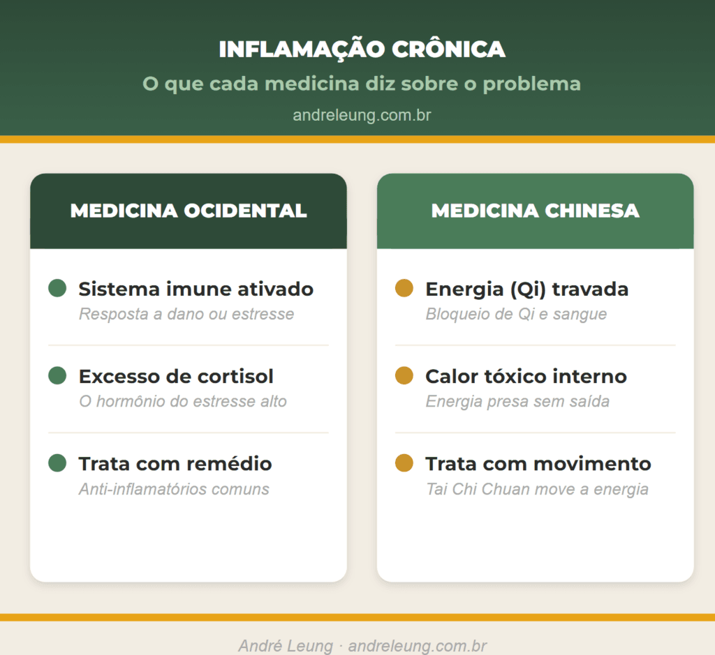 Comparação entre a Medicina Ocidental e a Medicina Chinesa sobre a inflamação crônica: sistema imune e cortisol de um lado, energia (Qi) travada e calor tóxico do outro, com o Tai Chi Chuan como caminho de tratamento pelo movimento, segundo André Leung