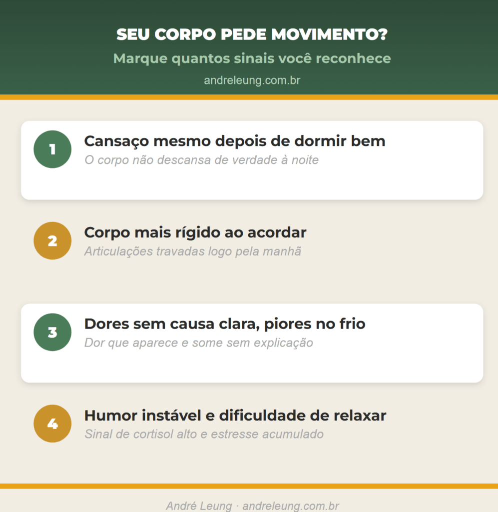 Checklist com 4 sinais de inflamação crônica no corpo: cansaço mesmo dormindo bem, rigidez ao acordar, dores sem causa clara que pioram no frio e humor instável, sinais de que é hora de começar o Tai Chi Chuan com André Leung