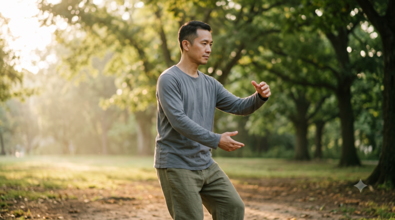 Homem de meia-idade praticando Tai Chi Chuan ao ar livre pela manhã, movimento lento e calmo, simbolizando alívio de dores articulares e inflamação
