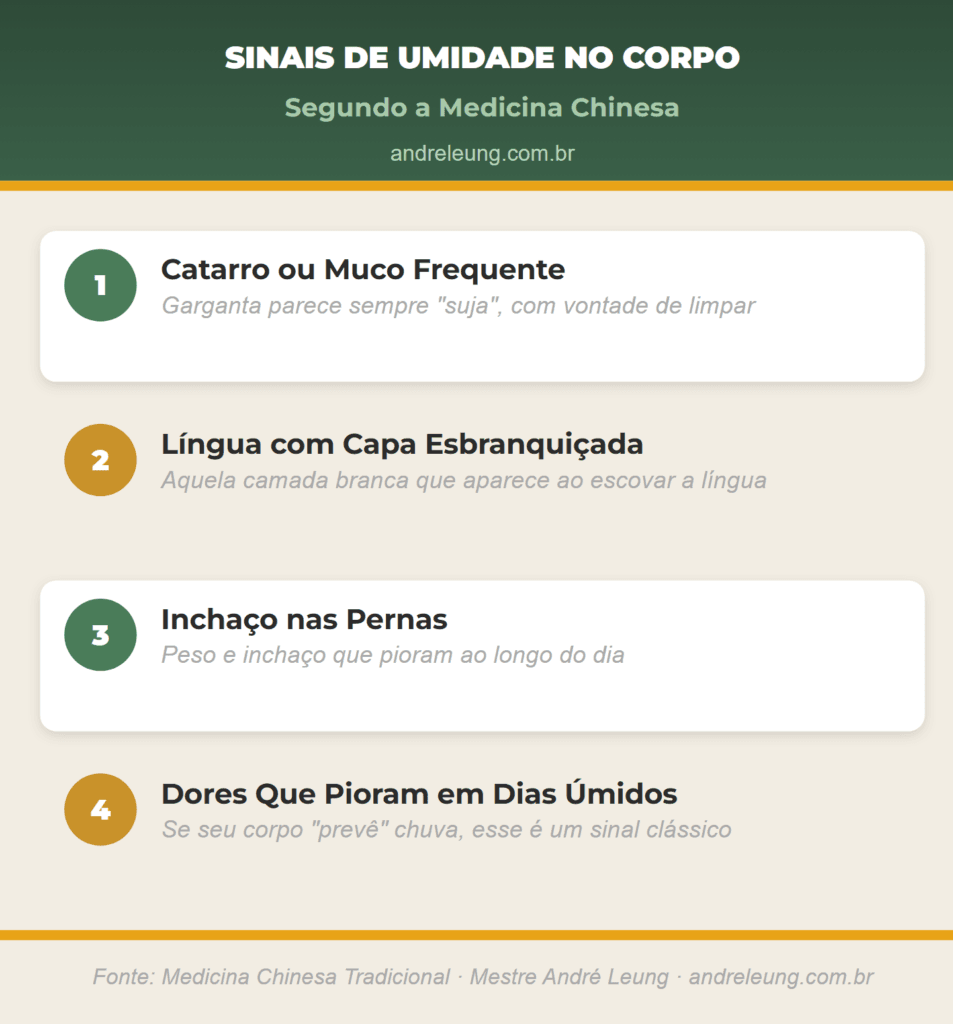 Sinais de excesso de umidade no corpo segundo a Medicina Chinesa, ligados ao leite e à dor nas articulações: catarro frequente, língua com capa esbranquiçada, inchaço nas pernas e dores que pioram em dias úmidos