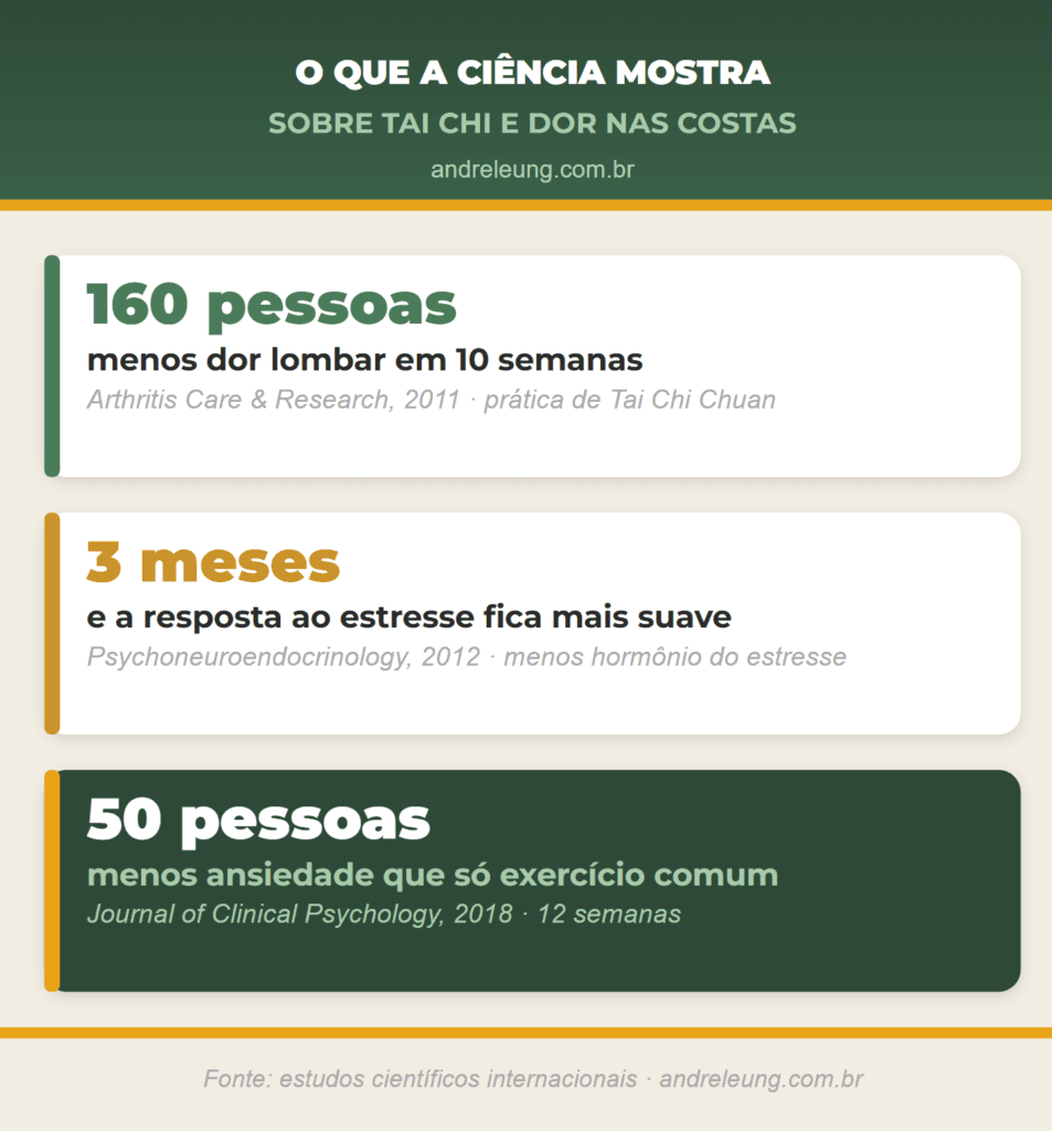 Tai Chi Chuan para dor nas costas e estresse: 3 estudos reais mostram menos dor lombar em 160 pessoas, resposta ao estresse mais suave em 3 meses e menos ansiedade em 50 pessoas, segundo André Leung