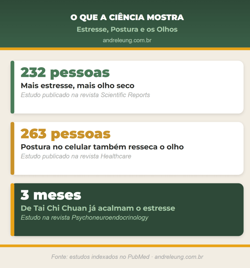 Infográfico com 3 estudos científicos reais sobre estresse, postura e olho seco, incluindo pesquisa sobre Tai Chi Chuan reduzindo a resposta do corpo ao estresse