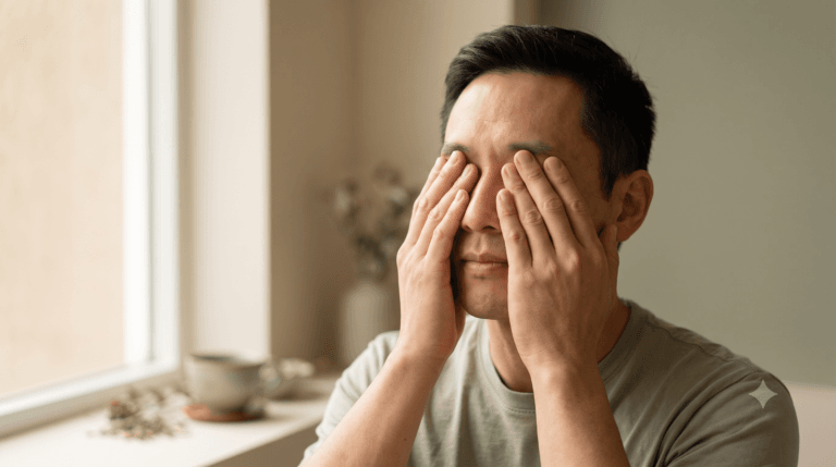 Homem de meia-idade fechando os olhos suavemente com as mãos aquecidas sobre o rosto, aliviando a visão embaçada e o olho seco, prática ligada ao fígado na Medicina Chinesa